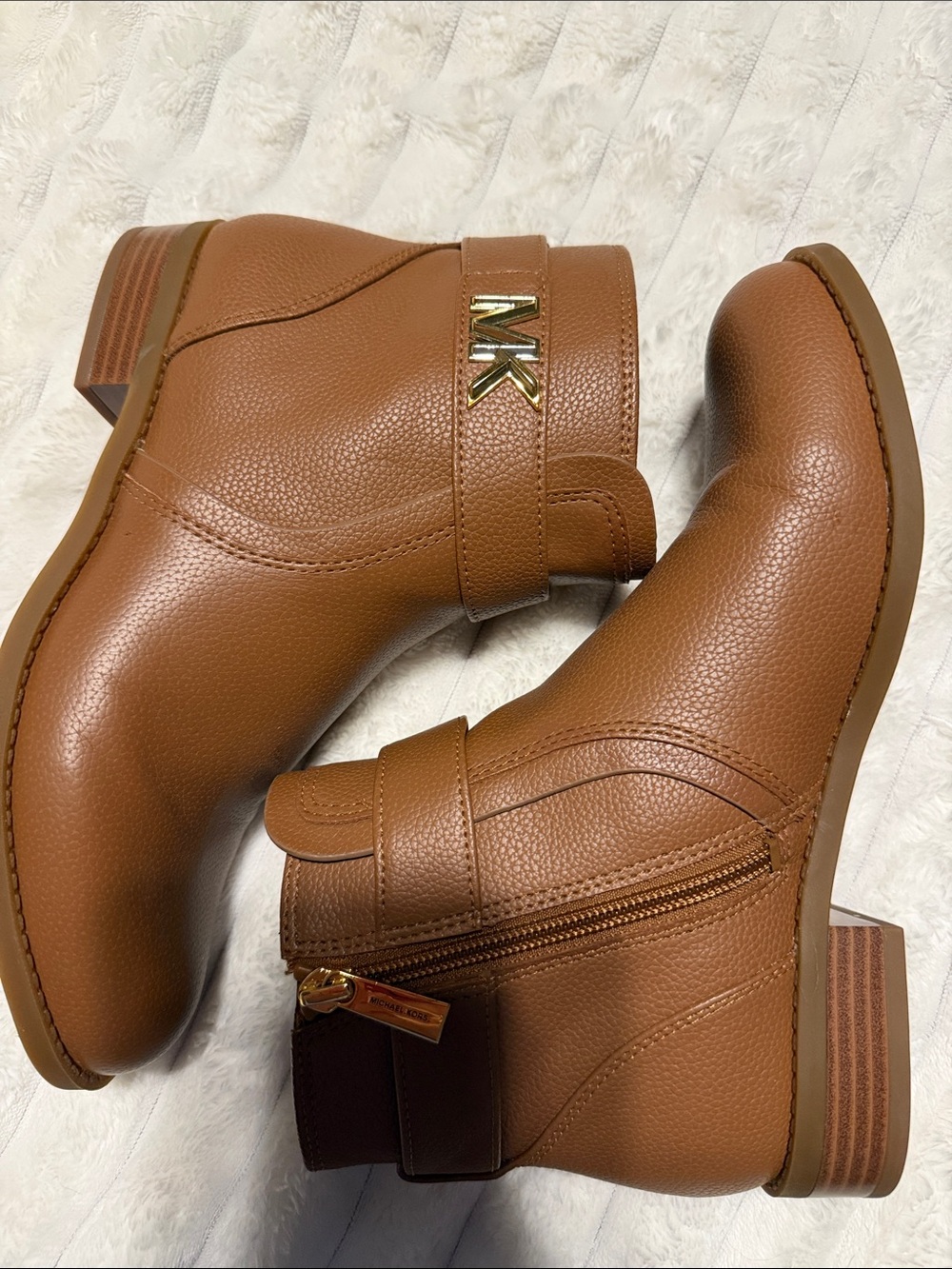 Michael Kors Cognac Leather Ankle Booties with Gold MK Accent size 6.5